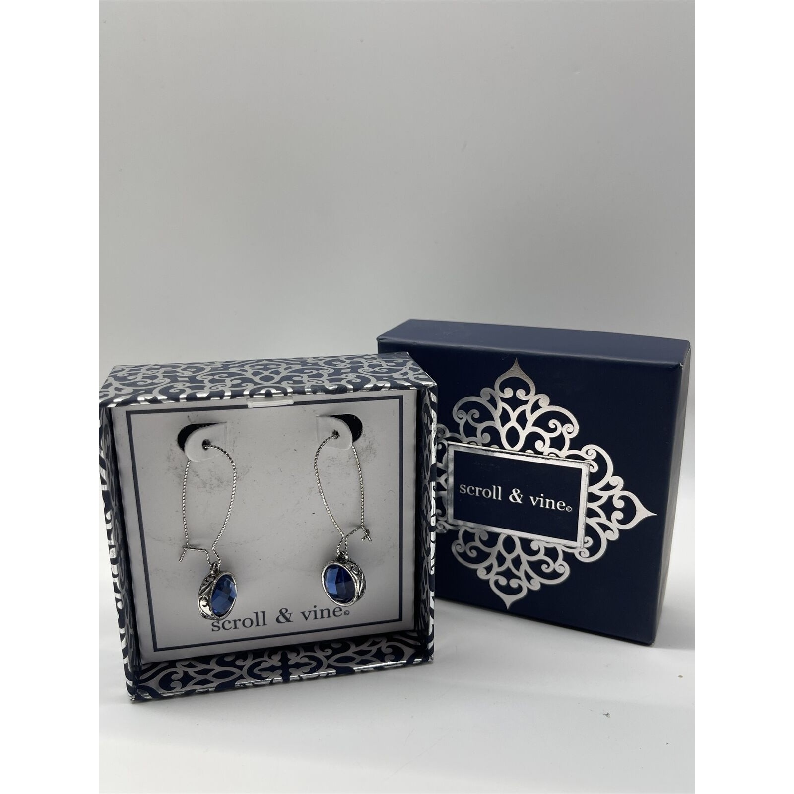 Scroll & Vine Silver Tone & Faceted Round Blue Stone Drop Earrings New